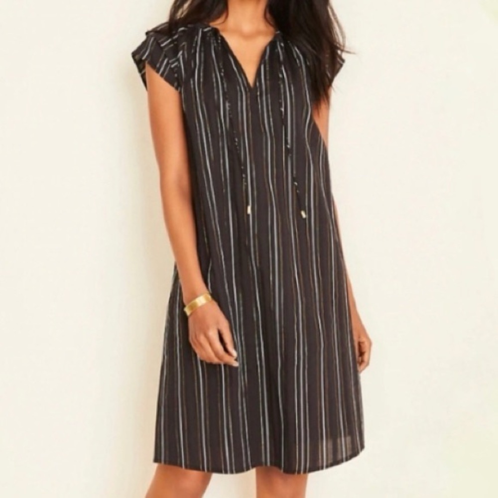 Ann Taylor Metallic Shift Midi Dress Sz 12 Tie Neck Ruffle Cap Sleeve Black Gold